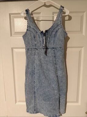 Light Blue Acid-Wash Denim Mini Dress with Front Zip